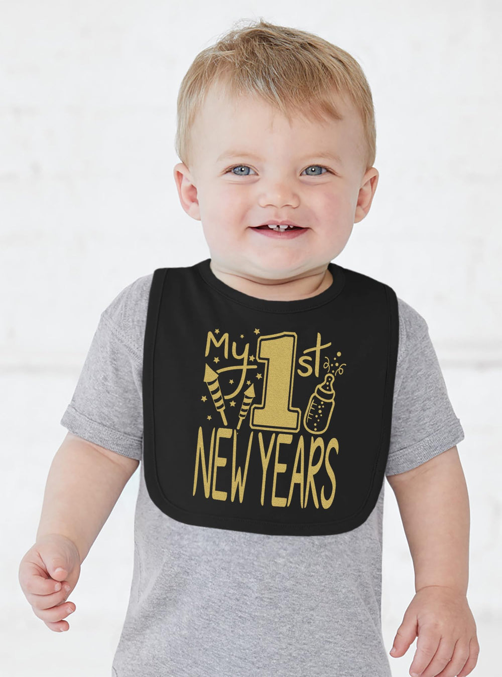 Aiden's Corner baby-photoshoot-ready bib in black with gold shine for milestones.