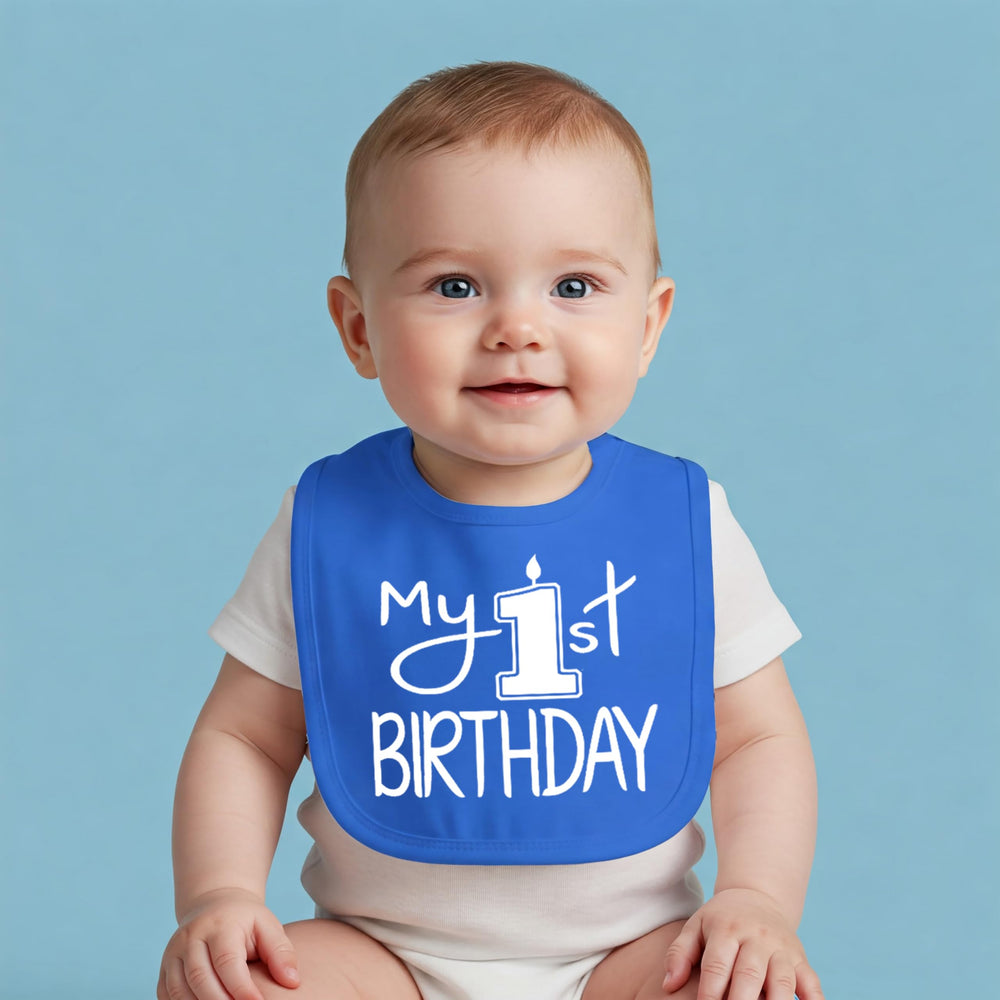 Aiden's Corner My 1st Birthday bib adjustable neck feature shown for a snug fit.