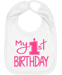 Aiden's Corner My 1st Birthday Bib pink-white front view for cake-smash photo moments.