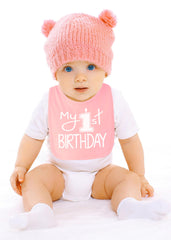 Aidens Corner My 1st Birthday Bib white-pink back view shows easy-clean design after celebrations.