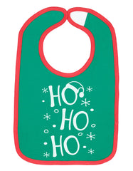 Aiden's Corner green baby holiday bib front view showing festive design and spill protection