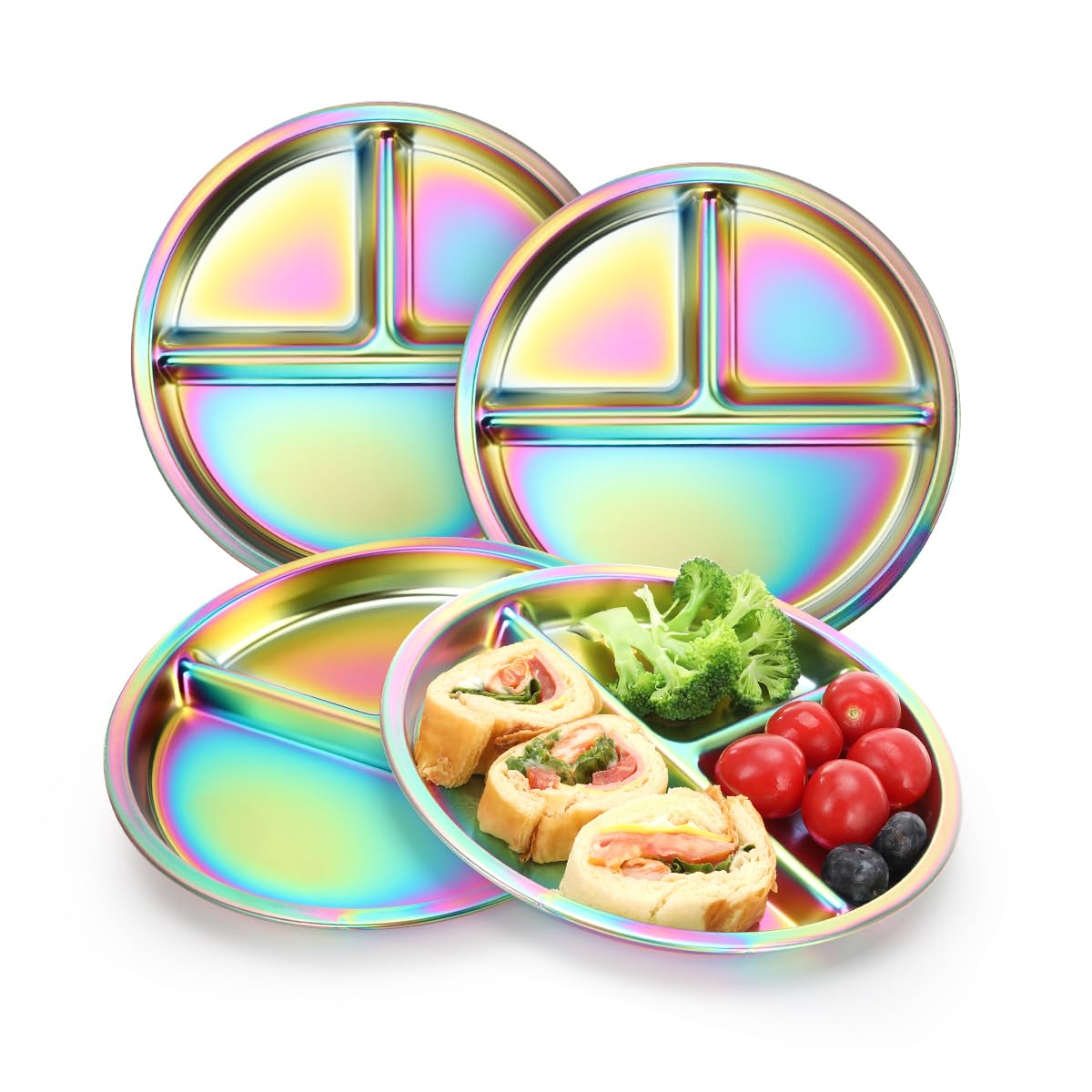 AIEVE rainbow-finish stainless steel kid plate promotes durable, playful mealtimes.