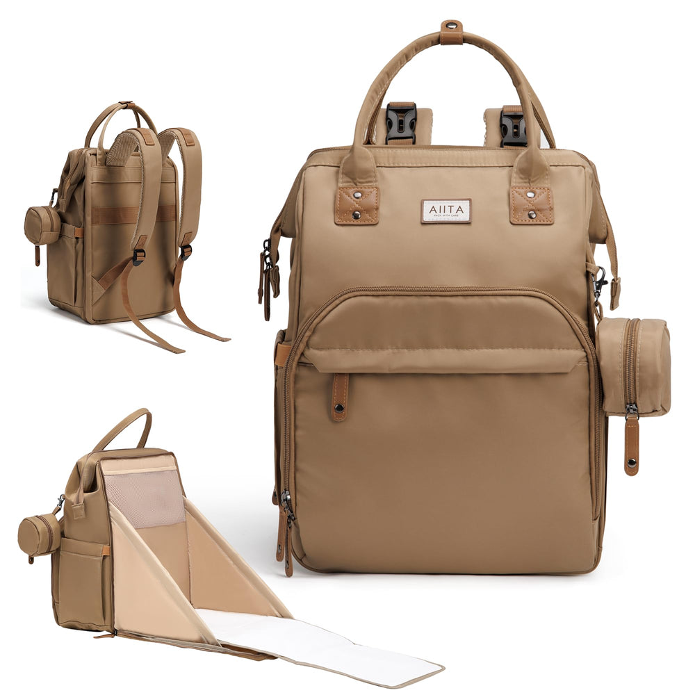 AIITA Diaper Bag Backpack in coffee brown shows versatile storage for on-the-go parenting