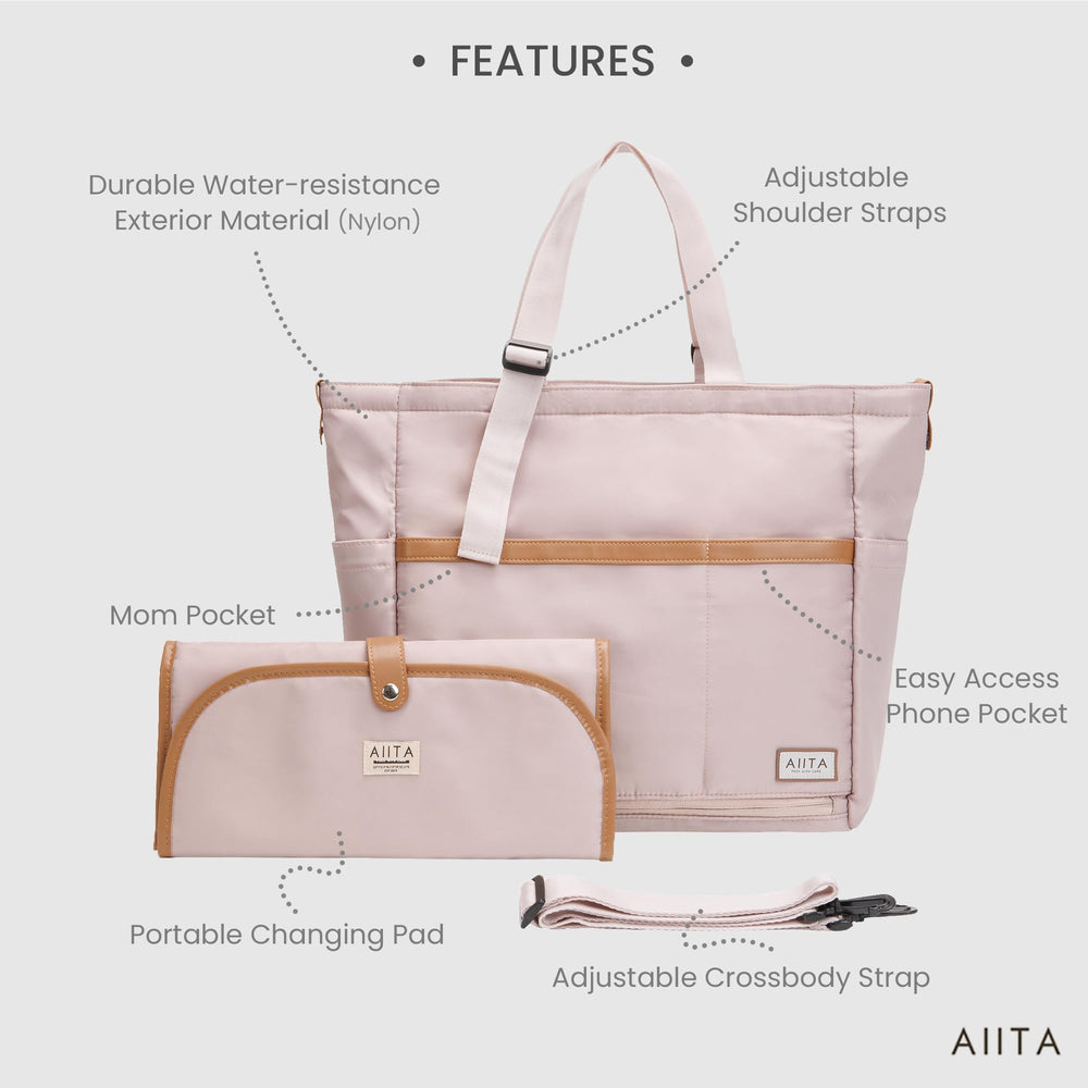 AIITA diaper bag tote features water-resistant material to protect essentials.