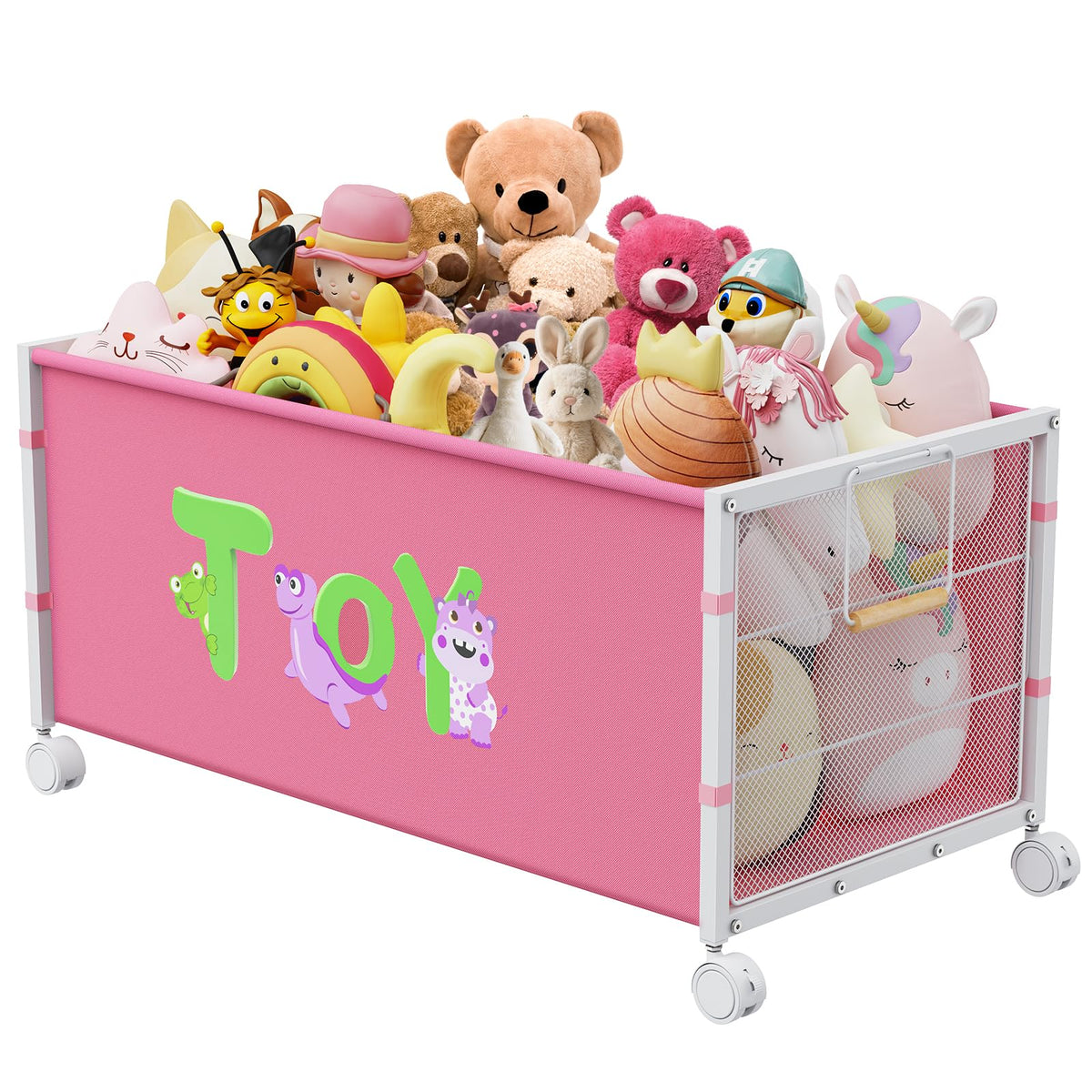 AIJIAMEIER 120L toy box with wheels in pink front view for quick, tidy living room storage.