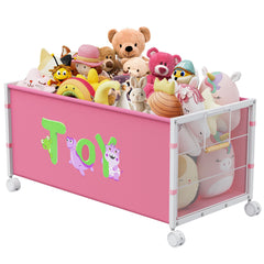AIJIAMEIER 120L toy box with wheels in pink front view for quick, tidy living room storage.