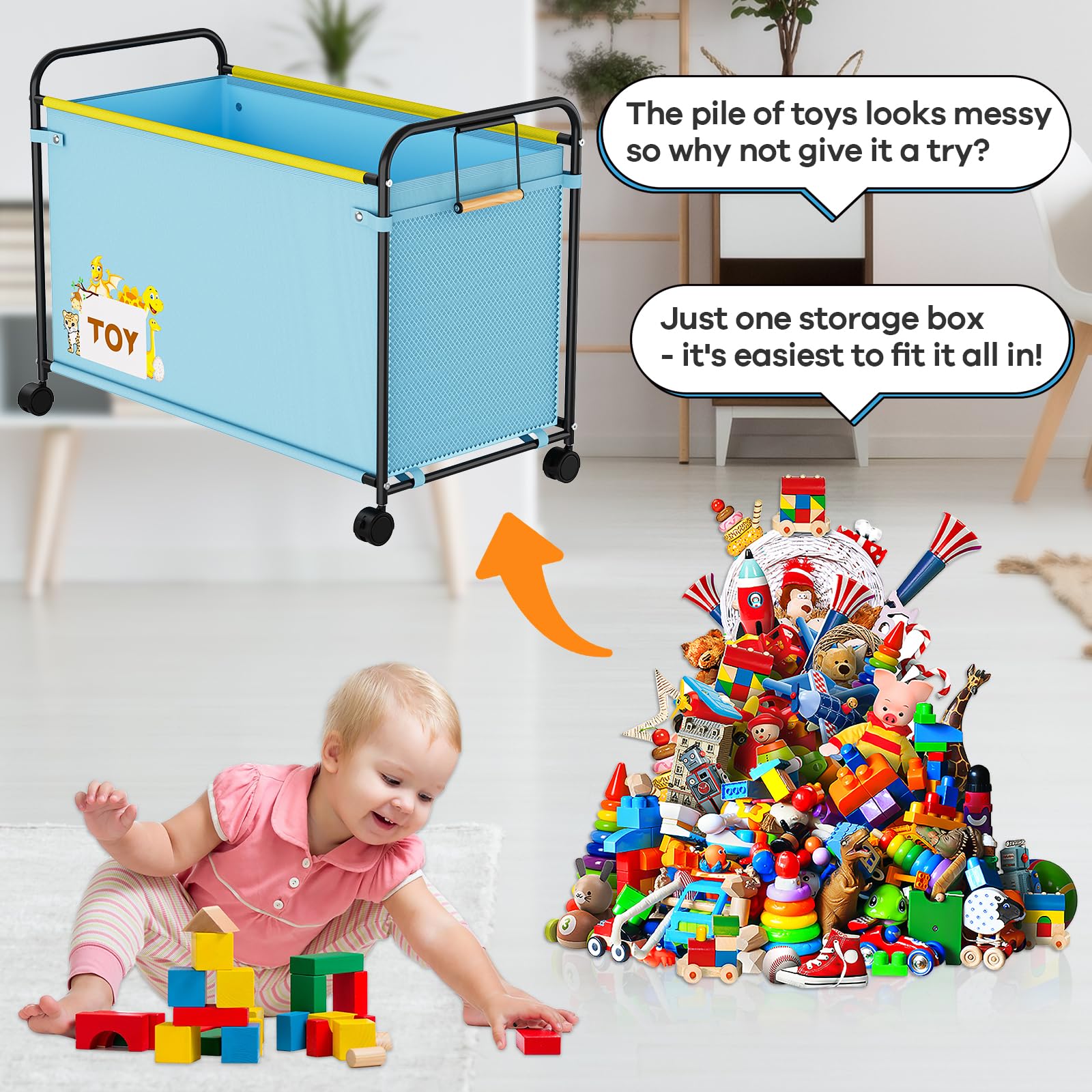 AIJIAMEIER 180L toy box blue in living room complements decor and tidiness.