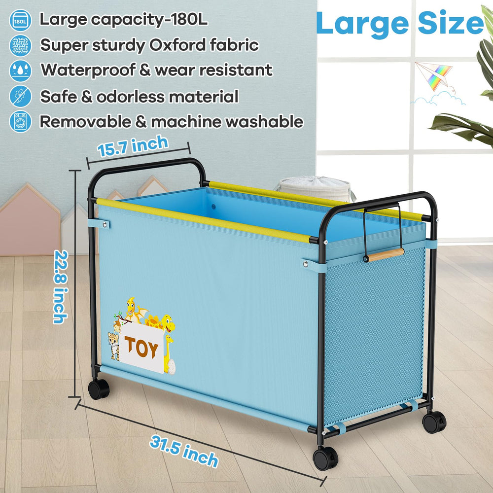 AIJIAMEIER 180L toy box blue locking wheels prevent unintended movement.