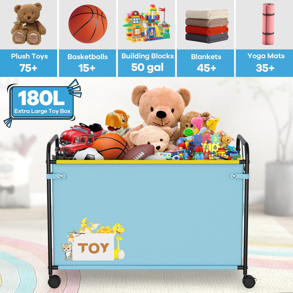 AIJIAMEIER 180L toy box blue side view shows spacious interior.