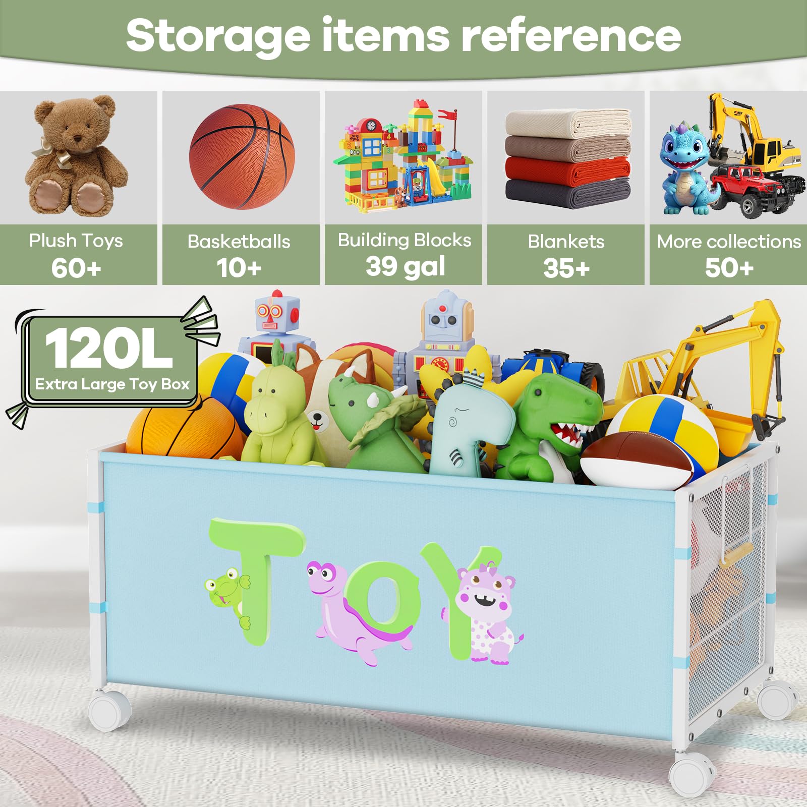 AIJIAMEIER kids toy box blue side with wheels shows easy mobility for rearranging play areas.