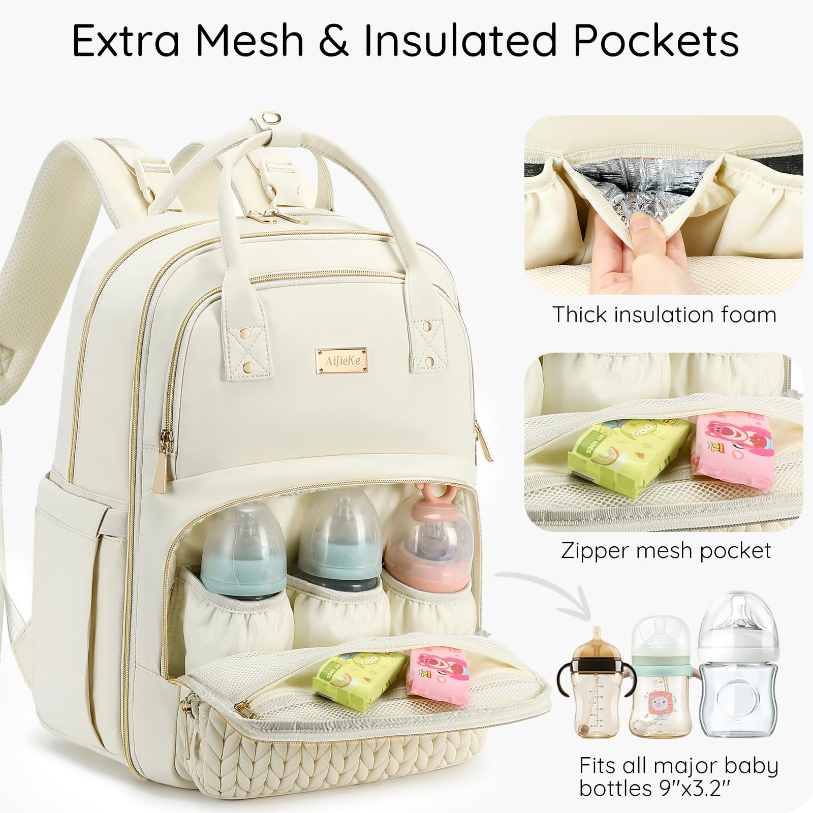 AIJIEKE Diaper Bag Backpack stroller straps attached for hands-free travel with baby.