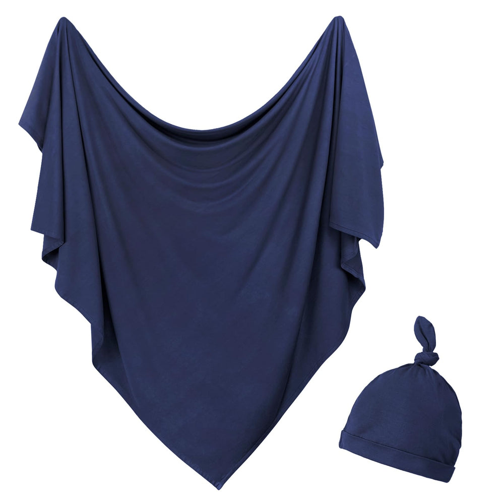 Aijoviko newborn swaddle blanket with hat navy front view for secure, cozy sleep.