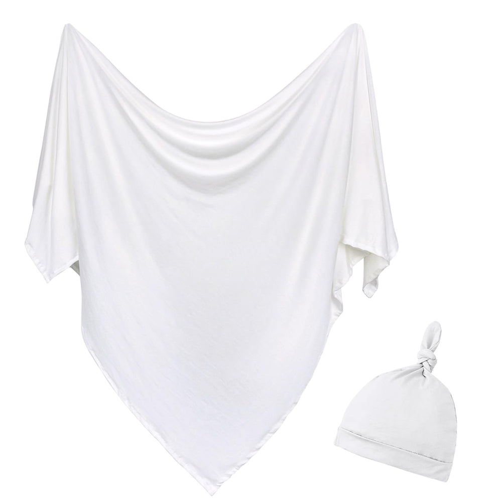 Aijoviko newborn swaddle blanket with hat in ivory gift box, ideal as a gift for new parents.