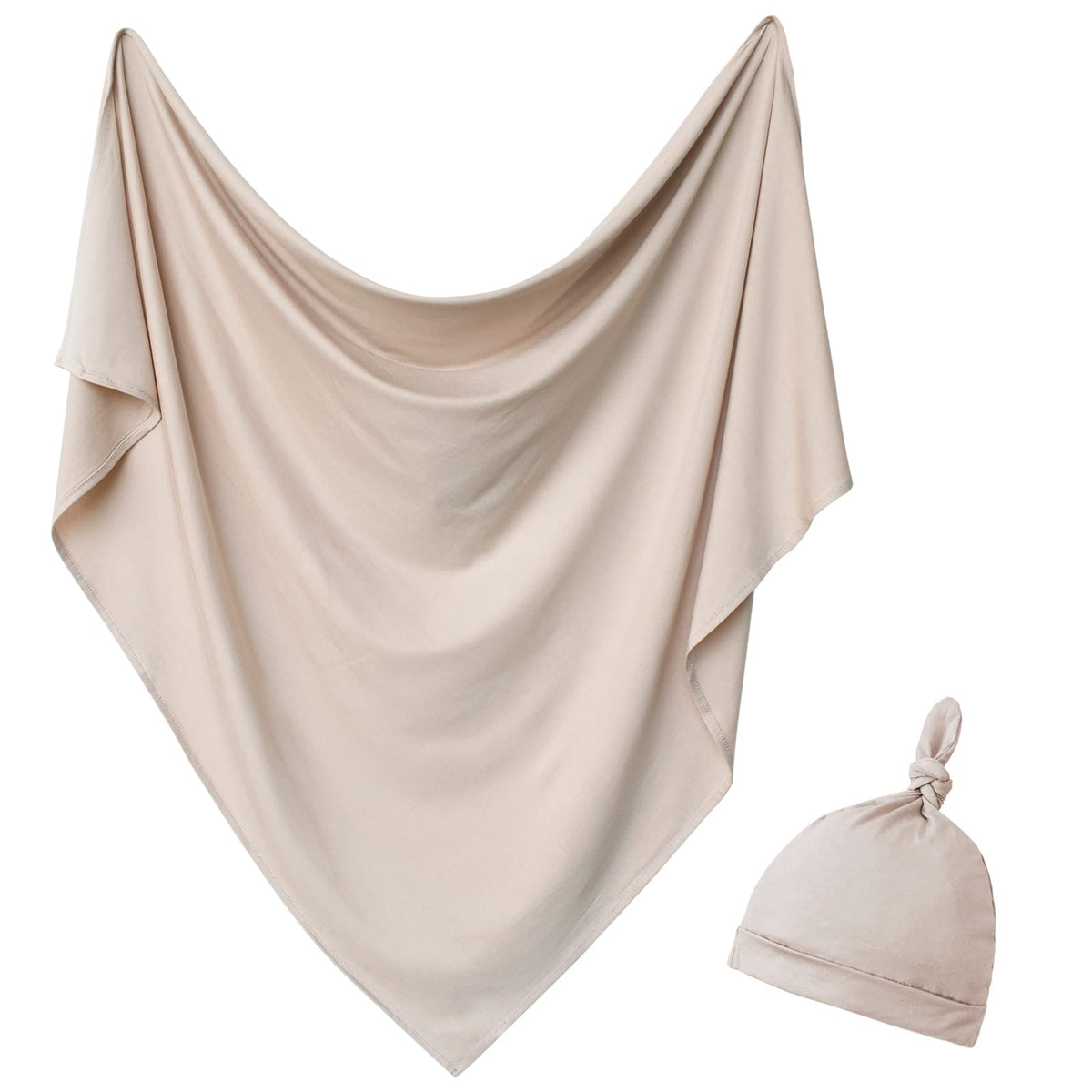 Aijoviko newborn swaddle blanket with hat set—soft jersey knit for gentle warmth.