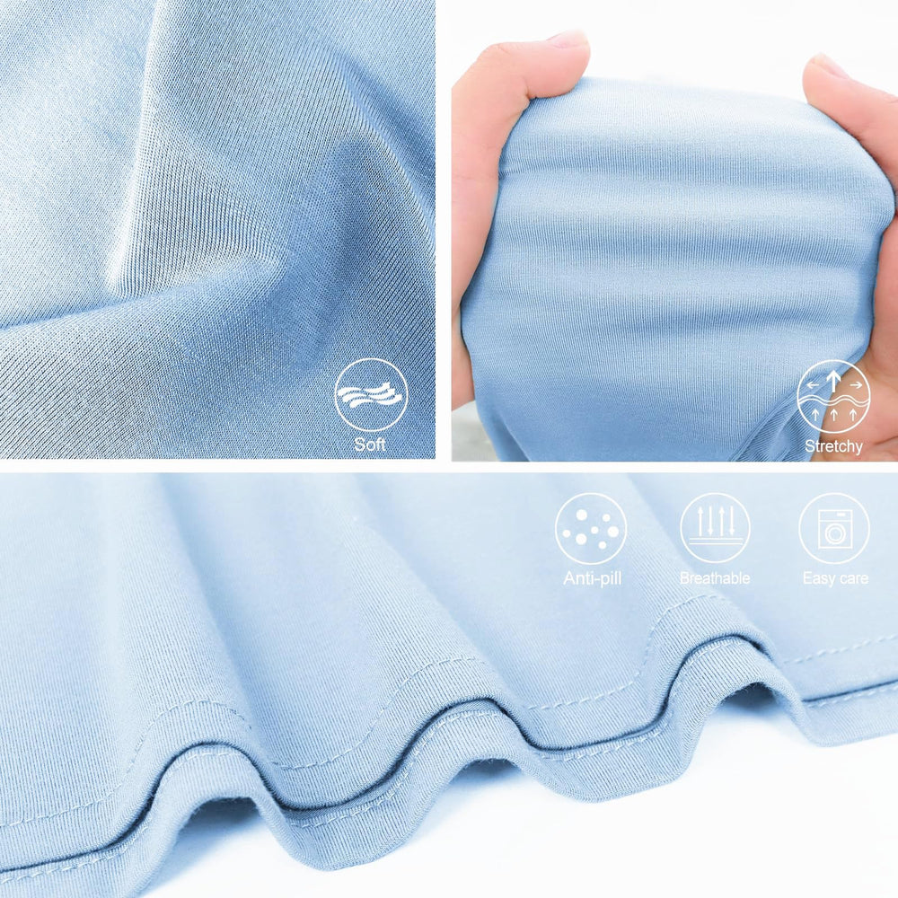 Aijoviko swaddle blanket hat close-up, blue fabric highlighting jersey knit texture.