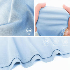 Aijoviko swaddle blanket hat close-up, blue fabric highlighting jersey knit texture.