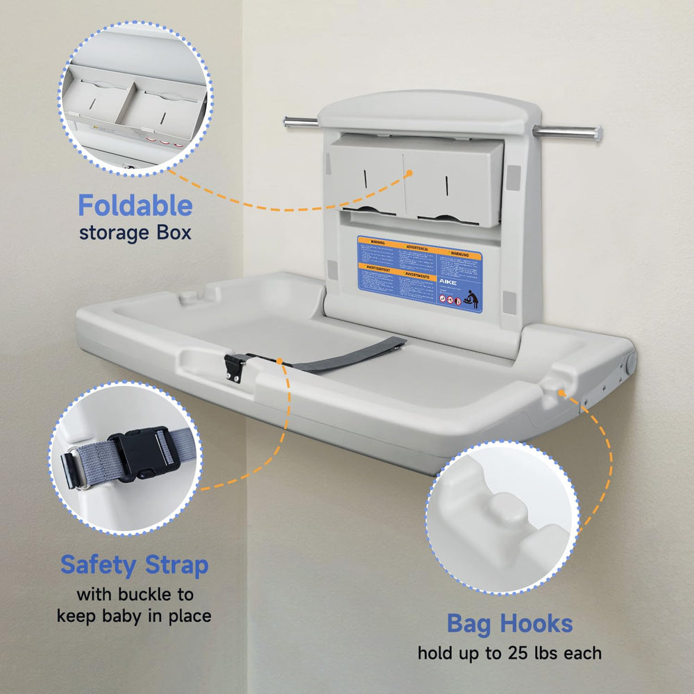 AIKE guardrail and adjustable safety straps support secure diapering