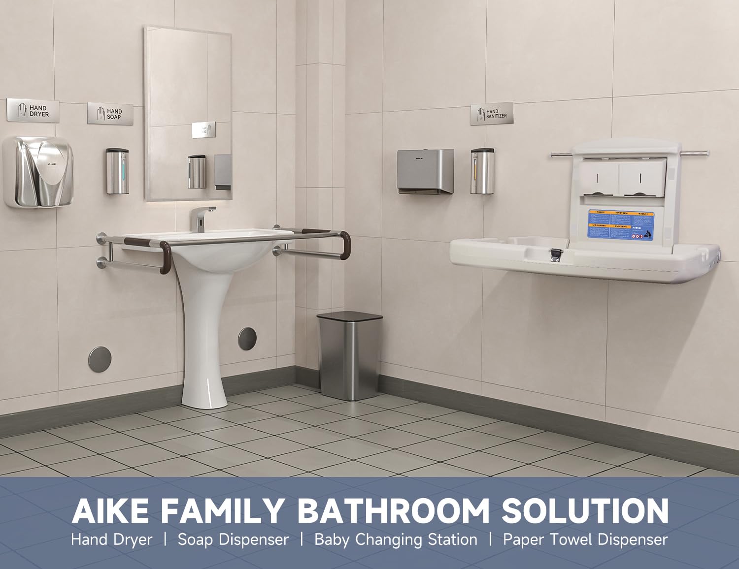 AIKE changing station with storage shelf and side hooks for wipes and diapers within reach