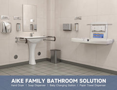 AIKE changing station with storage shelf and side hooks for wipes and diapers within reach