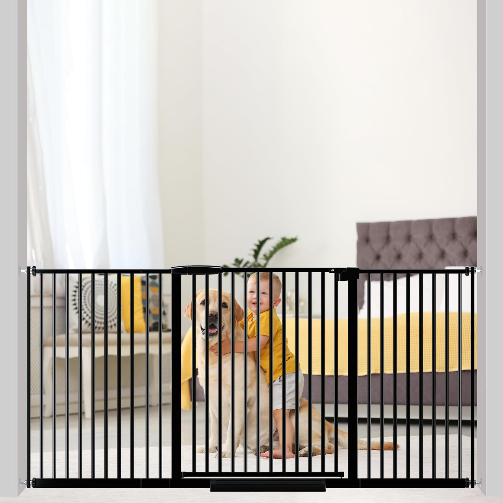AIKSIWAI extra-wide gate fully extended covers a wide doorway for easy passage and safety.