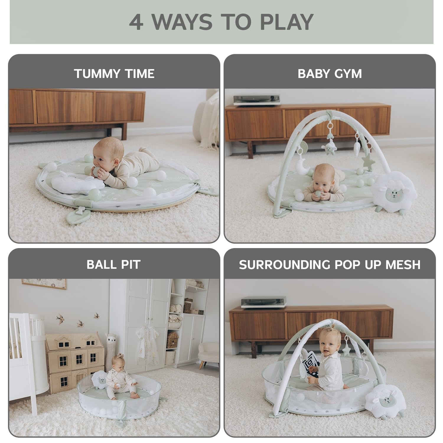 Aila+Aiden 6-in-1 XL Play Mat Sage with hanging toys engages baby visually and audibly.