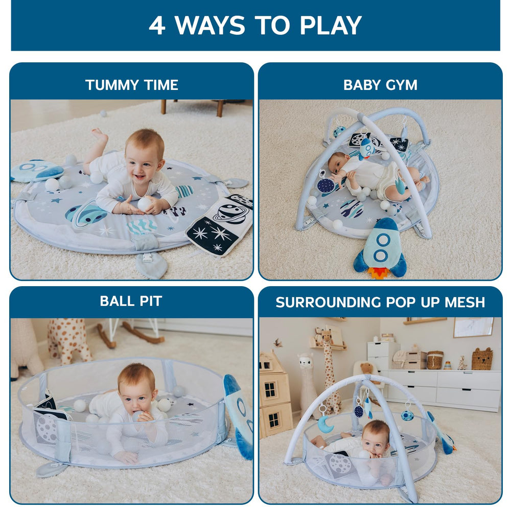 Aila+Aiden 6-in-1 XL Play Gym with hanging toys for visual tracking and tactile exploration.