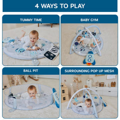 Aila+Aiden 6-in-1 XL Play Gym with hanging toys for visual tracking and tactile exploration.