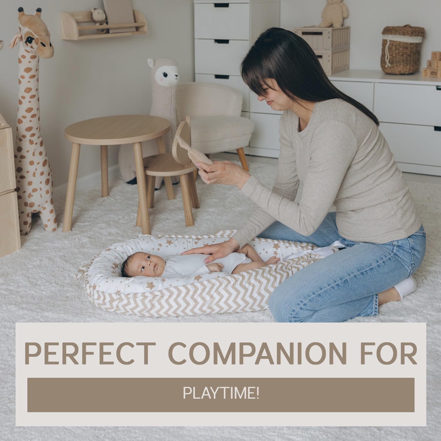 Aila+Aiden lounger adjustable buckle adapts as baby grows, supporting supervised use.