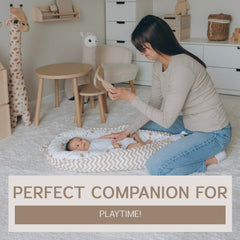 Aila+Aiden lounger adjustable buckle adapts as baby grows, supporting supervised use.