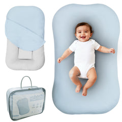 Aila + Aiden baby lounger blue cover close-up featuring ultra-soft organic cotton comfort.