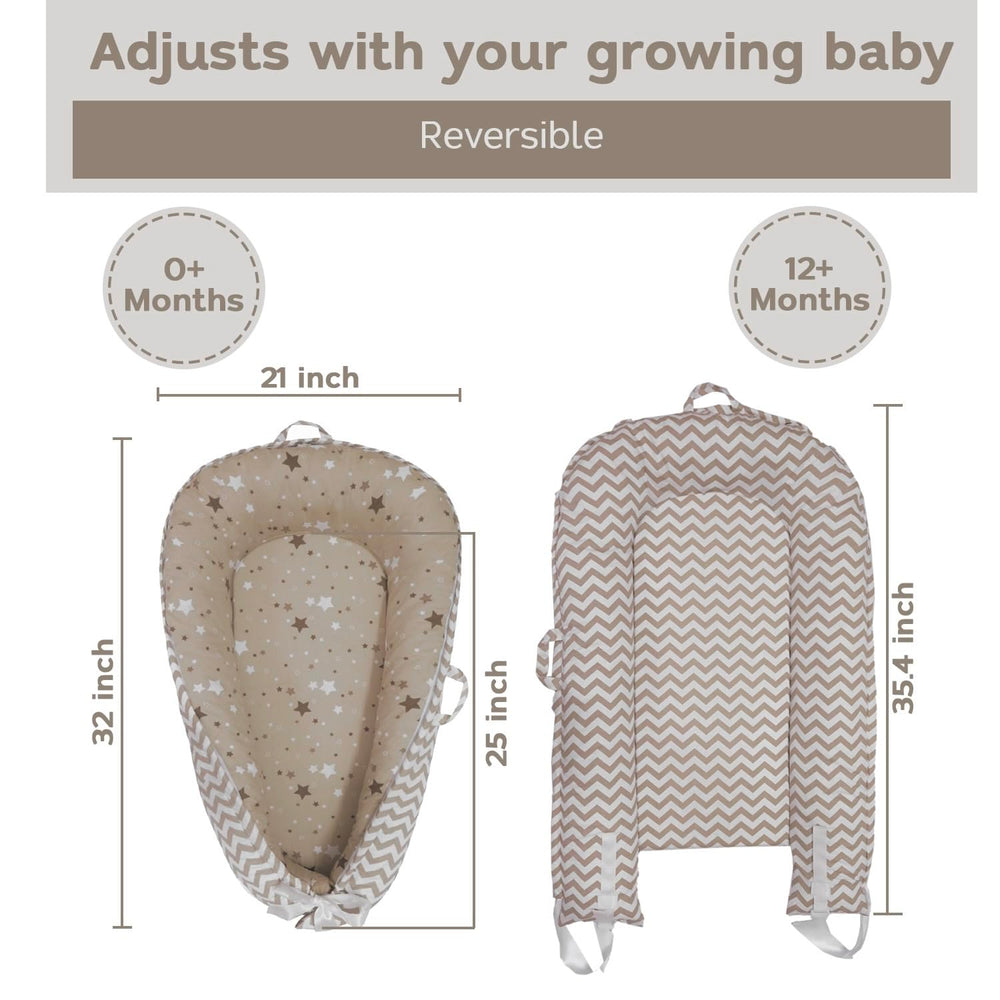 Aila+Aiden lounger cover removal image highlighting machine-washable reversible style.