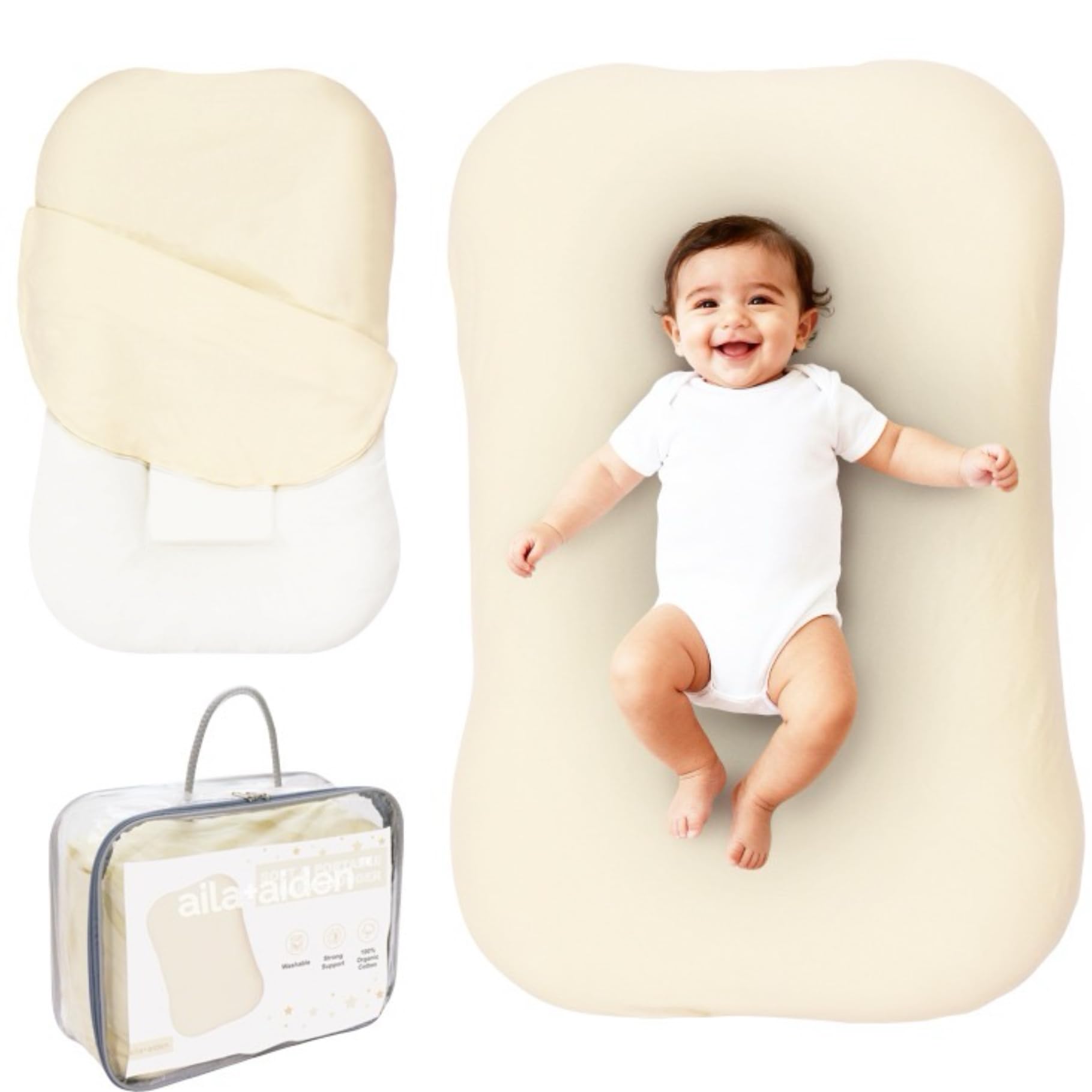 Aila + Aiden baby lounger cream side view shows breathable cotton for cozy day lounging