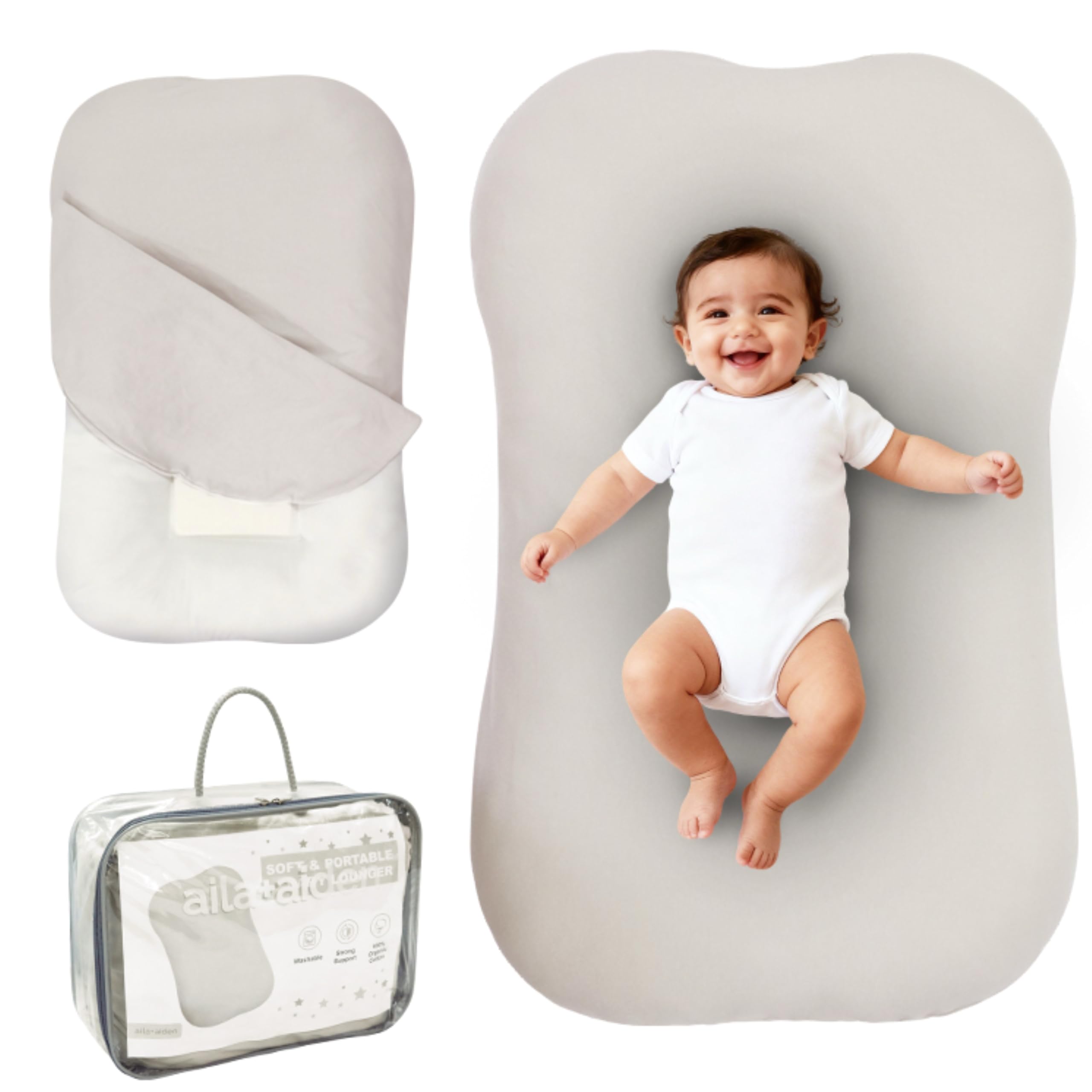 Aila + Aiden baby lounger gray cover setup for cozy daytime lounging.
