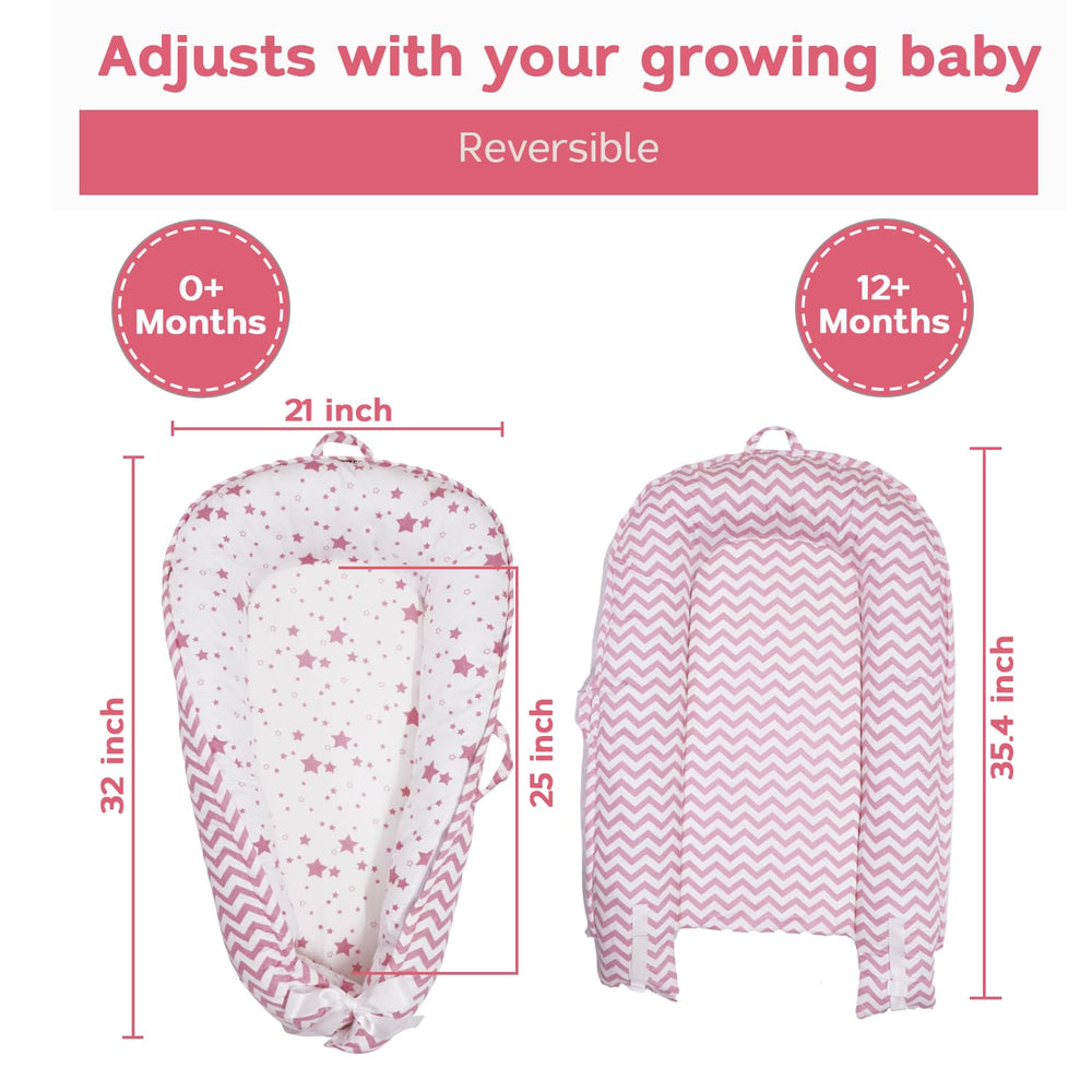 Aila+Aiden baby lounger pink with carry handles enables easy travel and on-the-go use.