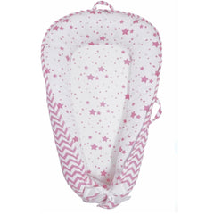 Aila+Aiden baby lounger pink cover close-up shows soft organic cotton for baby comfort.