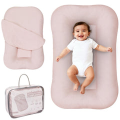 Aila + Aiden baby lounger soft pink cover provides gentle daytime comfort.