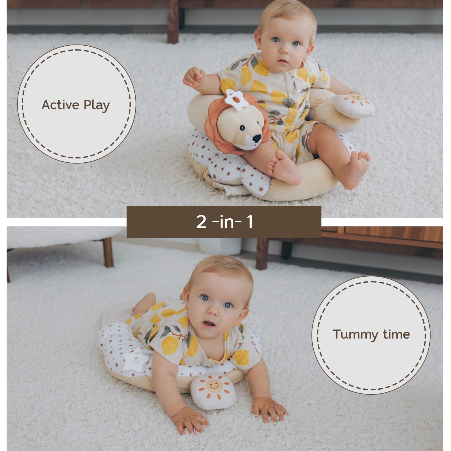 Aila+Aiden detachable cushion provides seated support during gentle play.