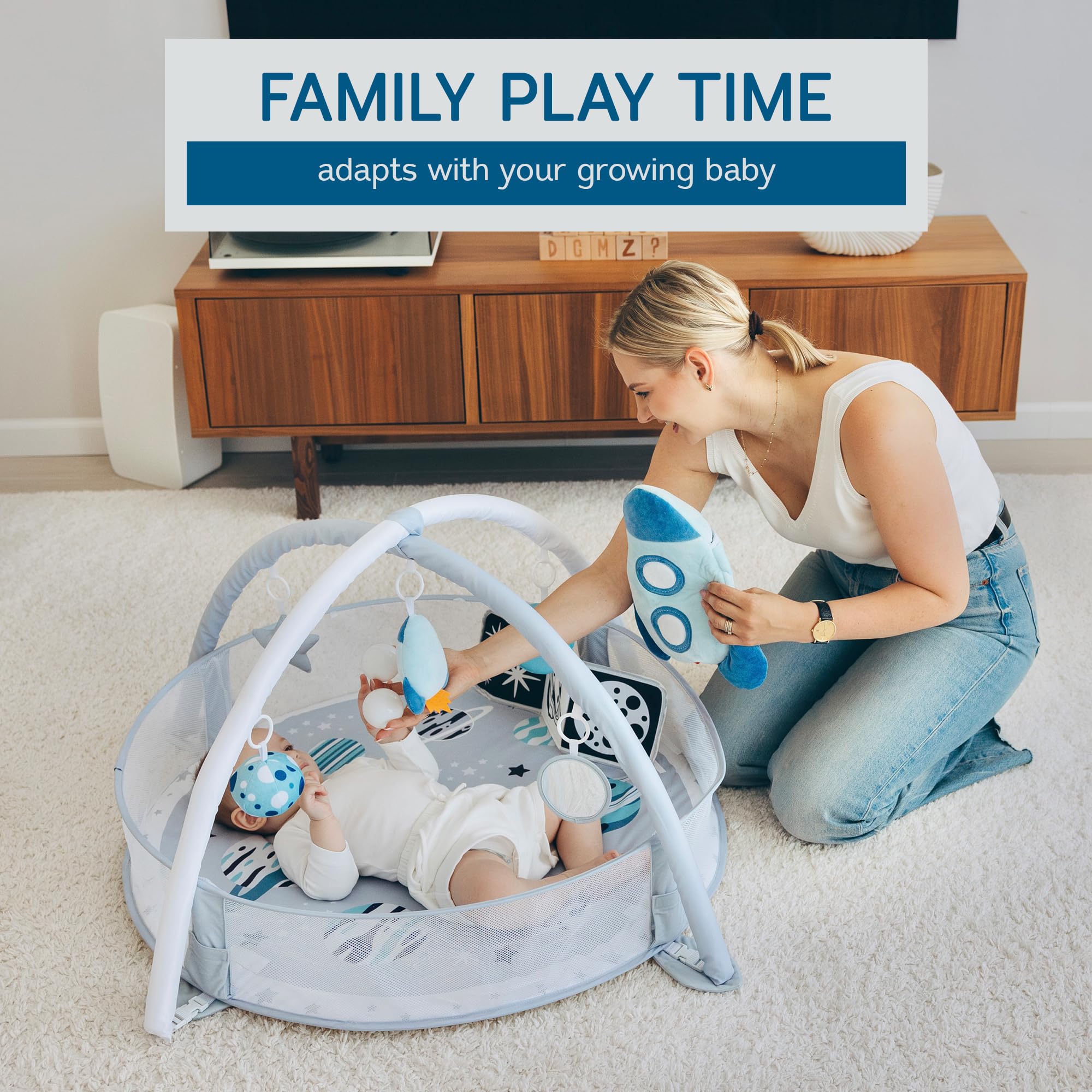 Aila+Aiden spacious, padded play area invites safe floor play and gentle movement.