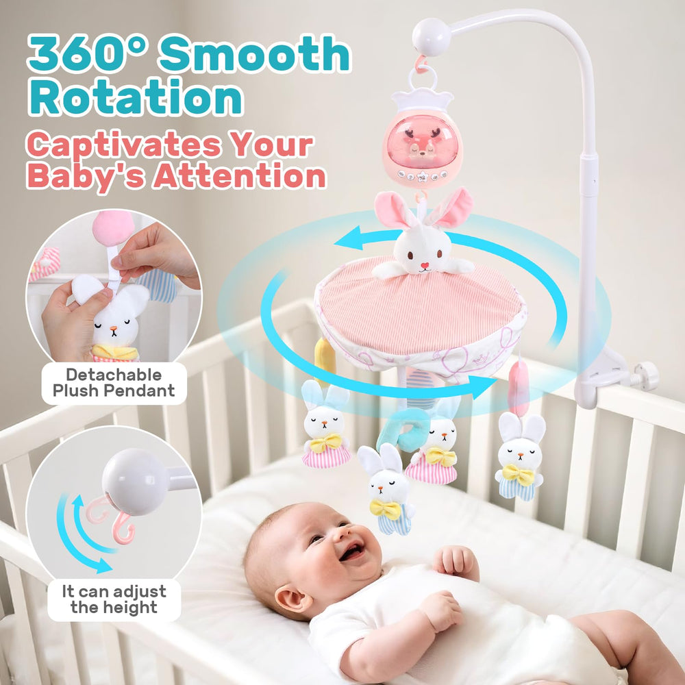 Aimafun crib mobile 360-degree rotation with plush toys supports visual tracking.