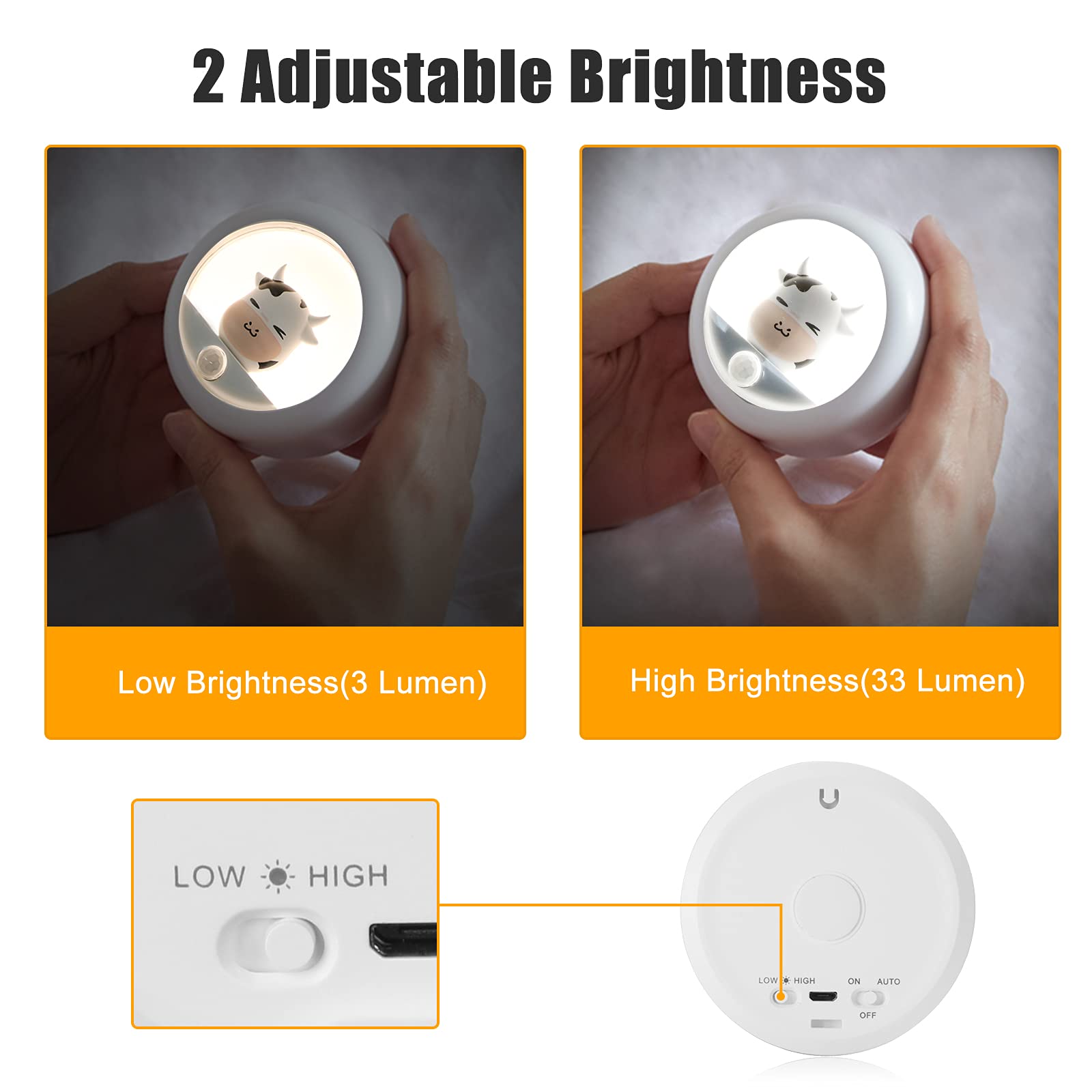 AIMILAR brightness controls demonstrate Auto, On, Off modes with high and low settings.
