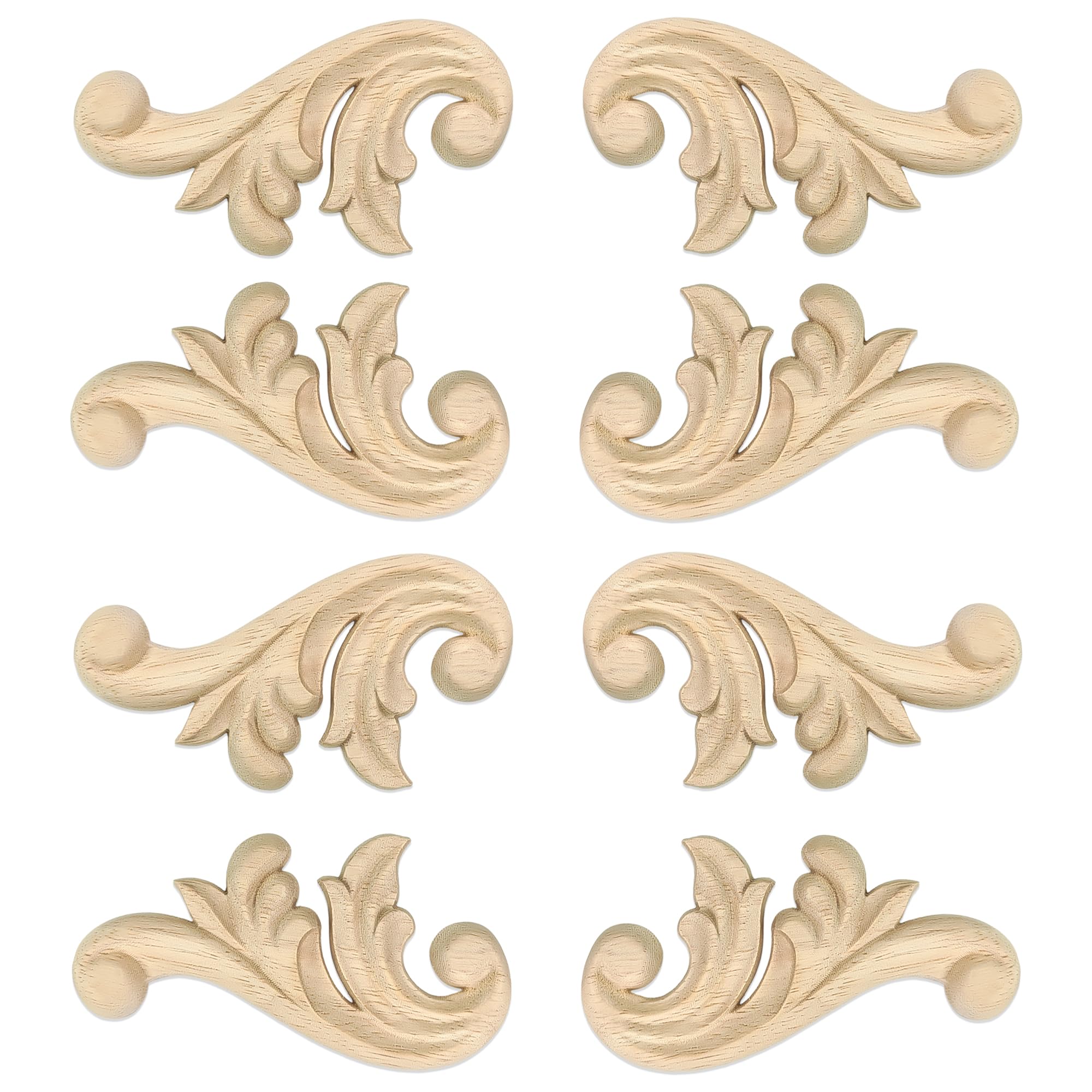 Aiminjey 8pcs decorative wood flower carved applique corner onlay showing natural wood grain