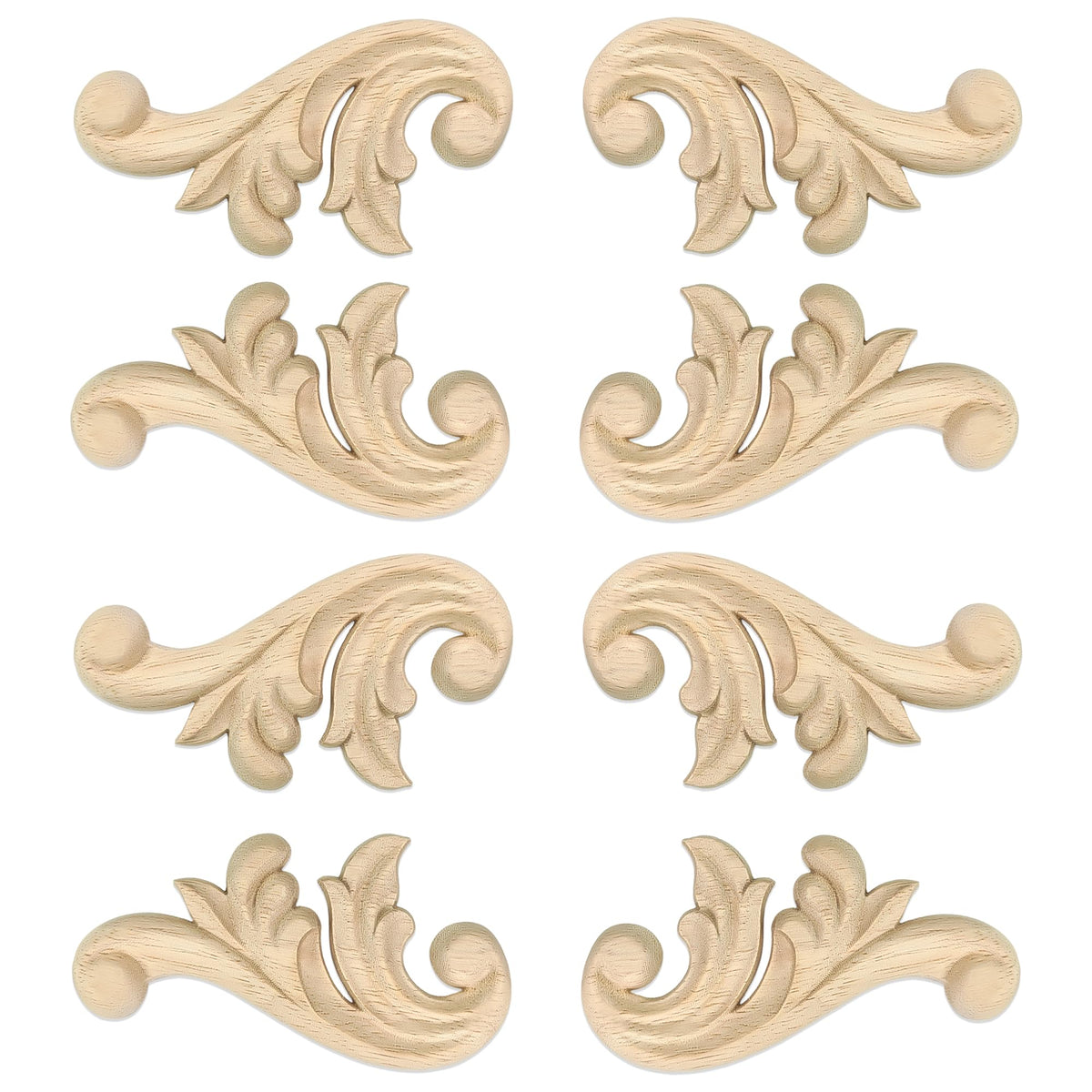 Aiminjey 8pcs decorative wood flower carved applique corner onlay showing natural wood grain