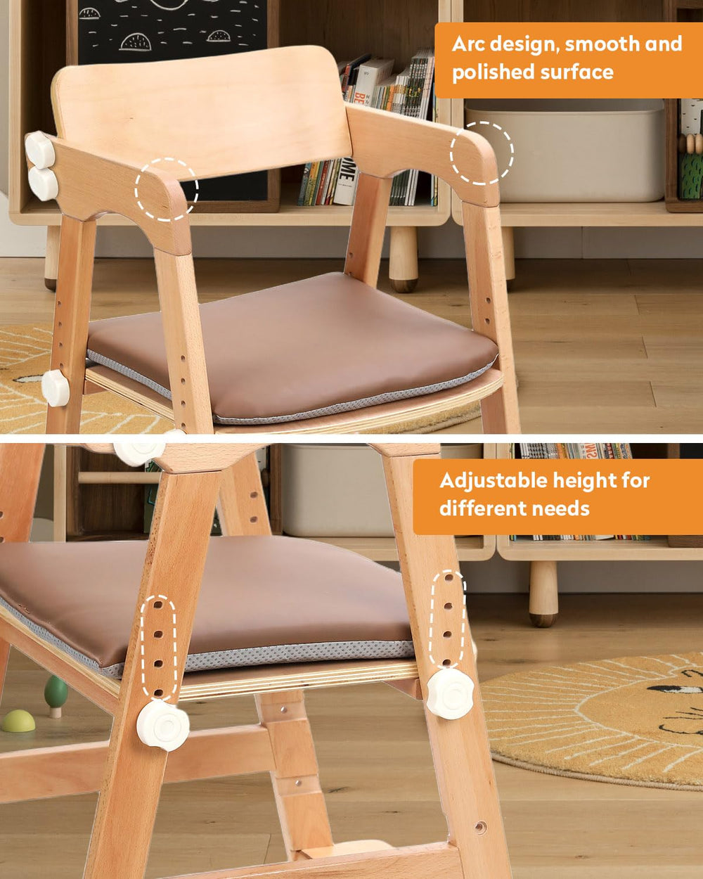 AIMOADO wooden high chair adjustable-seat view demonstrates multi-level height for growing kids