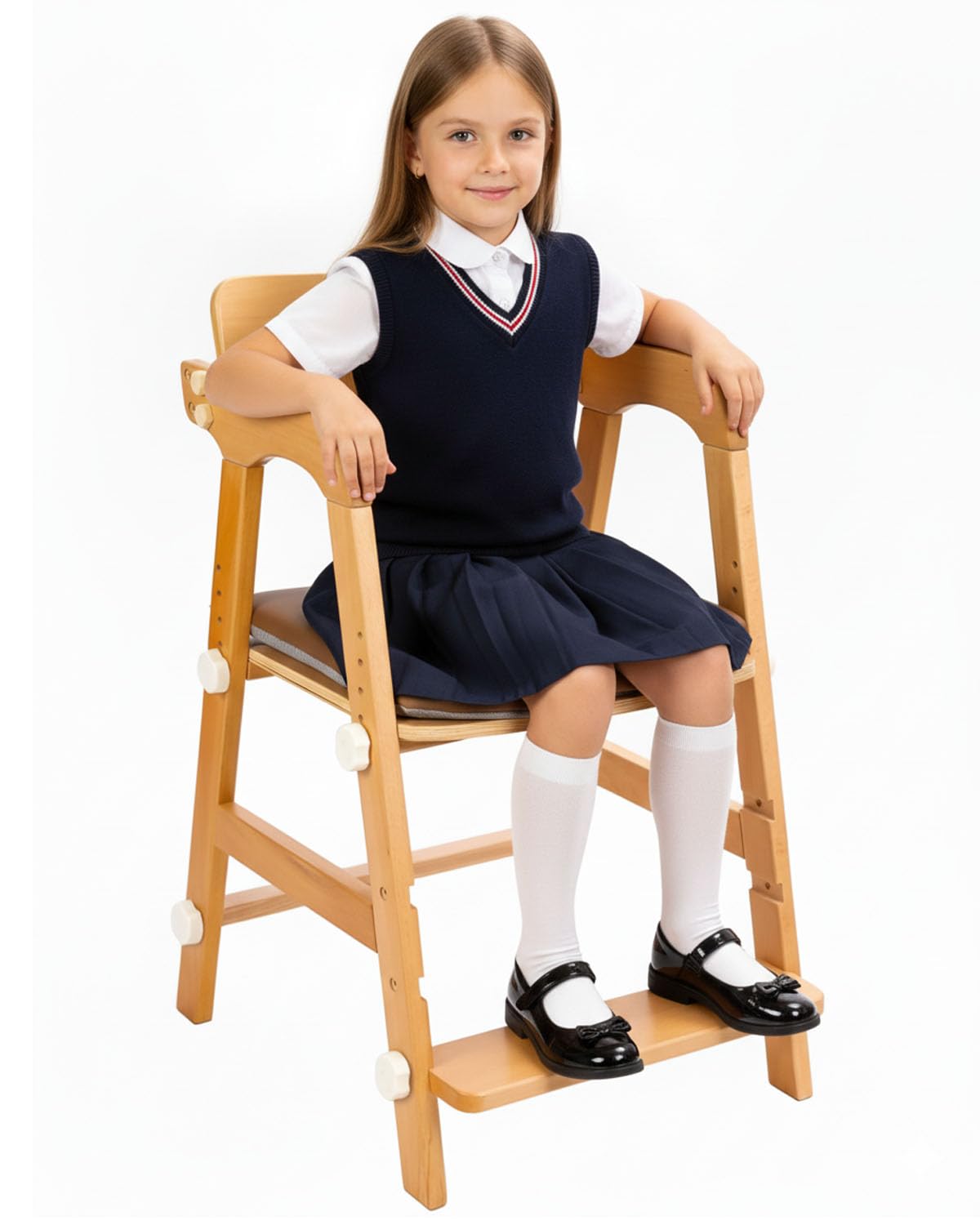 AIMOADO wooden high chair front view showing sturdy build for safe family dining