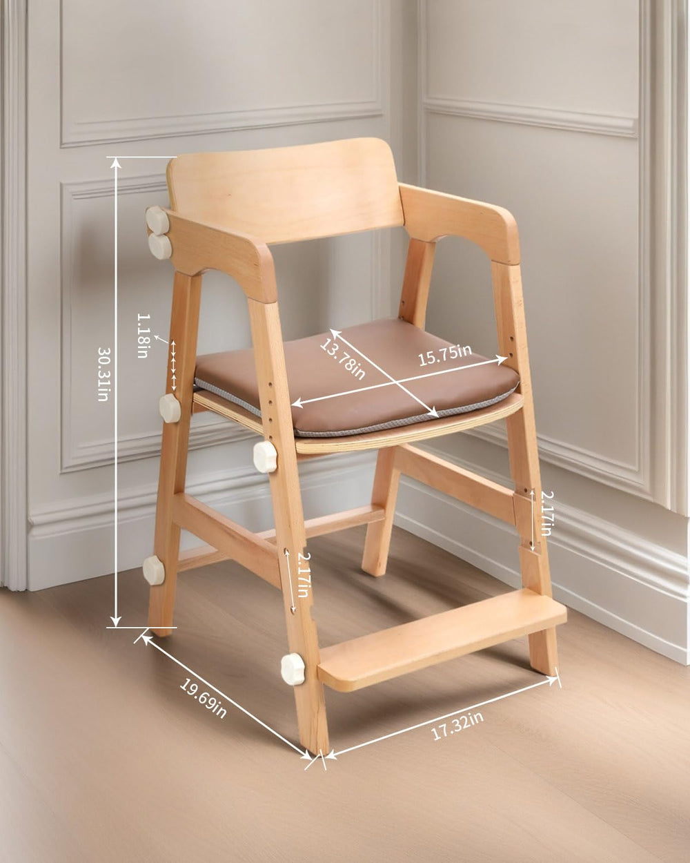 AIMOADO wooden high chair side view highlighting compact footprint and ergonomic support