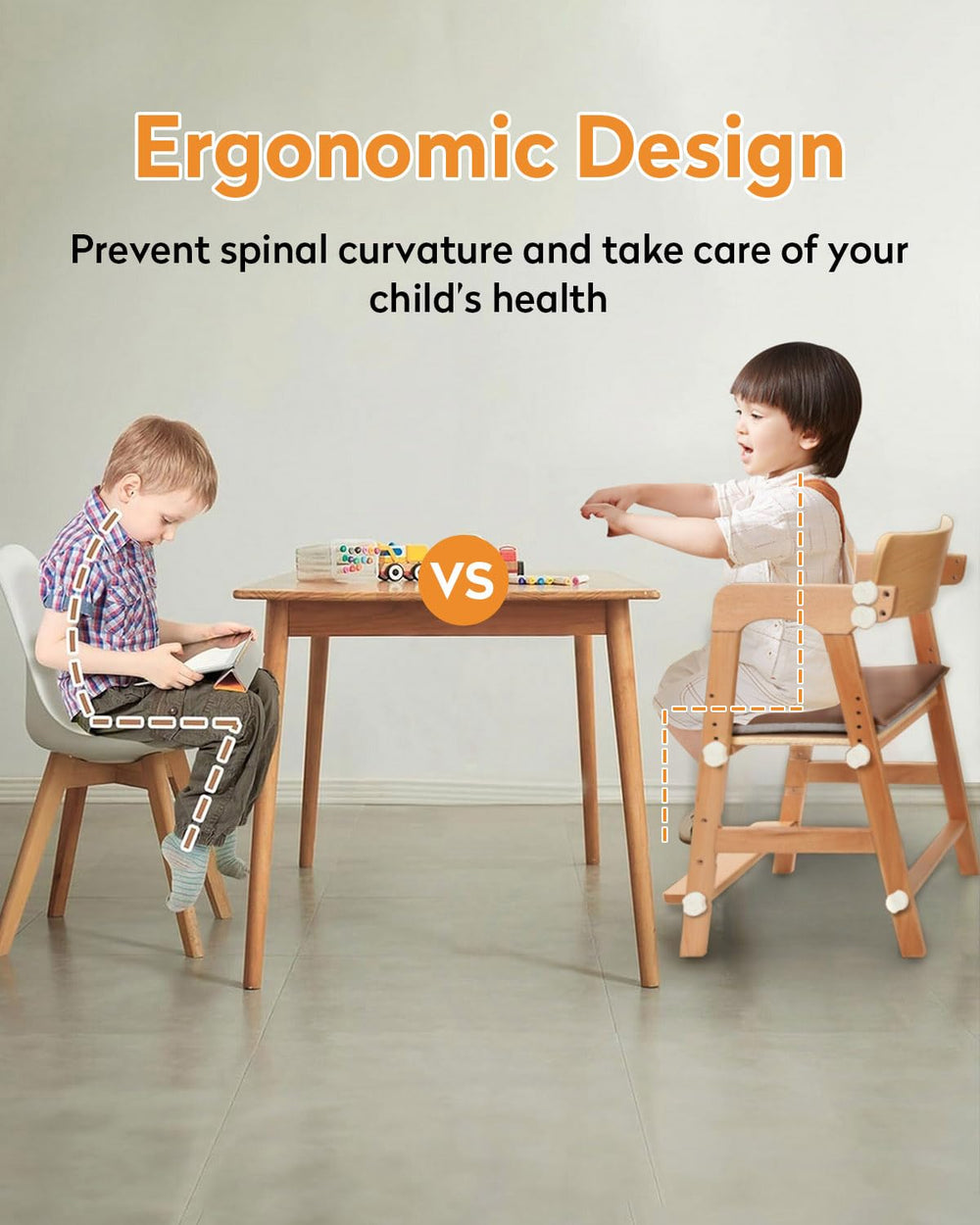 AIMOADO wooden high chair trapezoidal-base view emphasizing stability