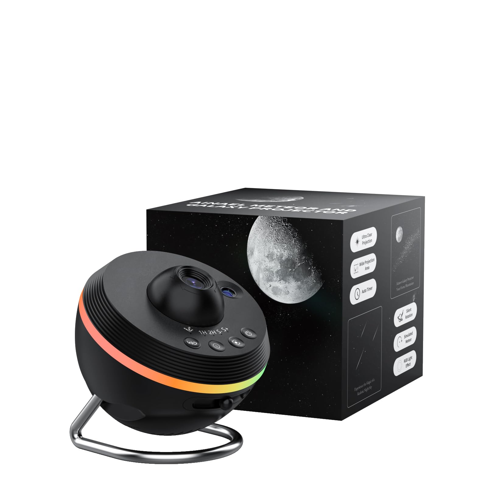 Ainael Galaxy Projector front view shows a compact home planetarium for cozy nights.