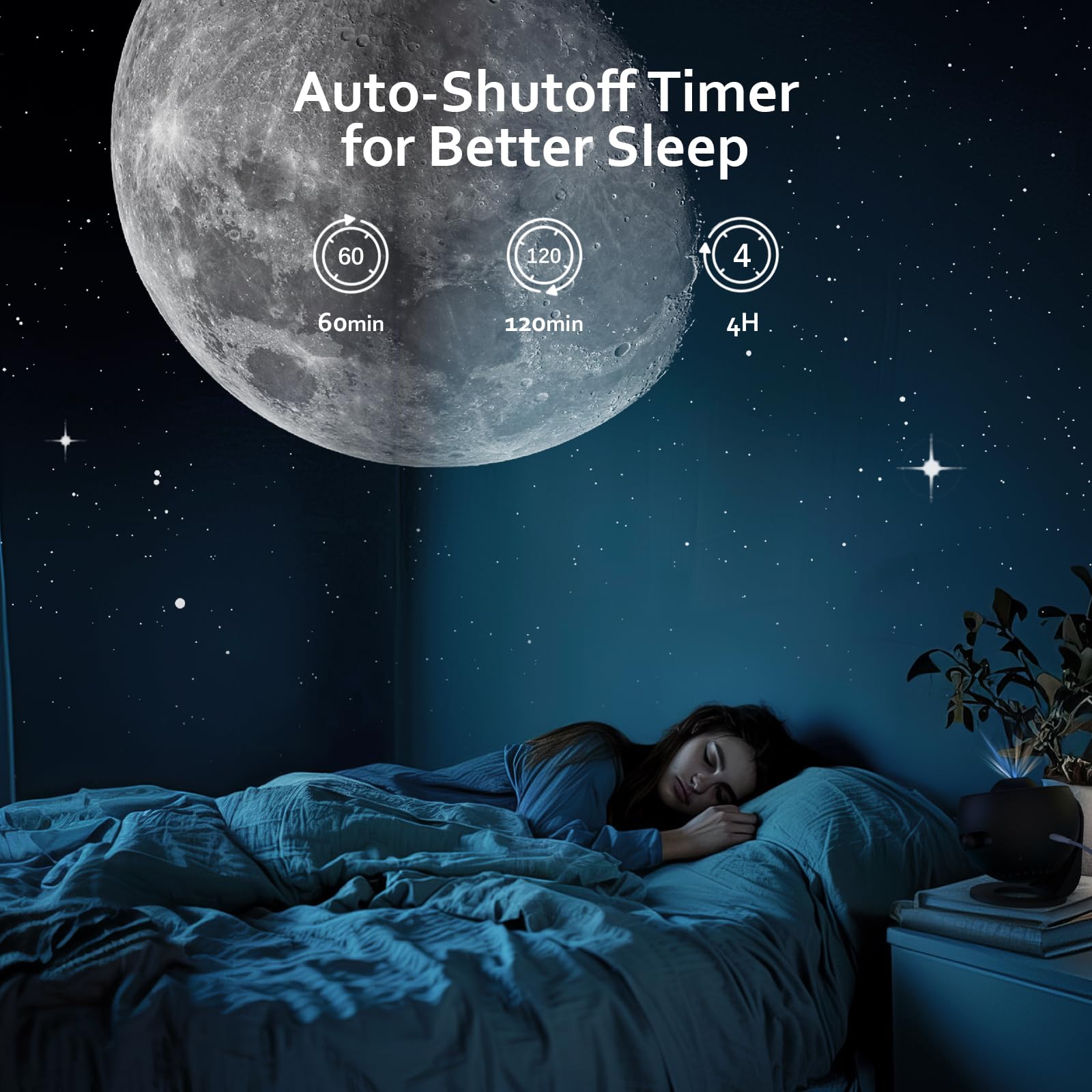 Ainael Galaxy Projector Moon in Space slide highlights lunar glow on ceiling.