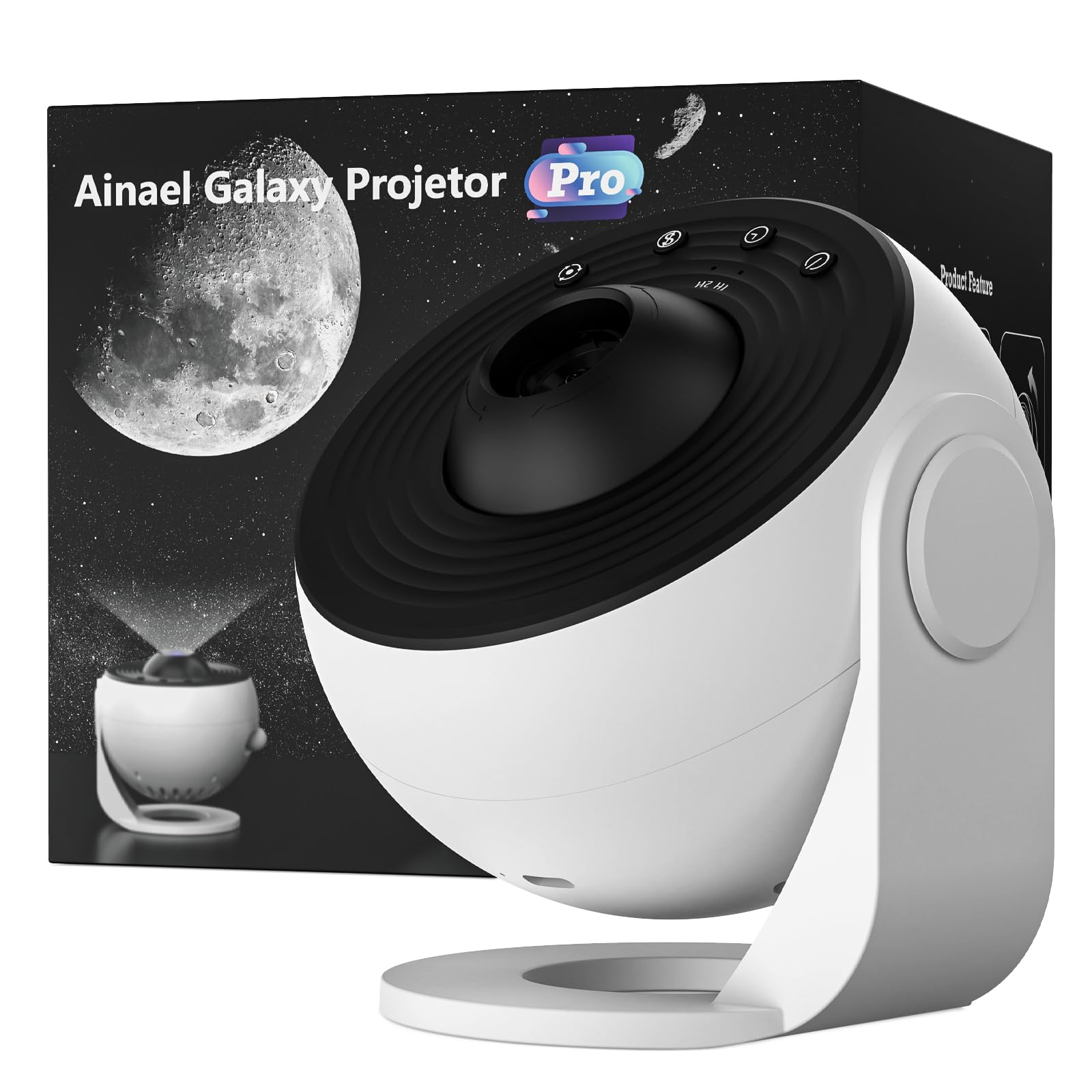 Ainael Galaxy Projector Pro on a table creating immersive bedtime starry ambiance.