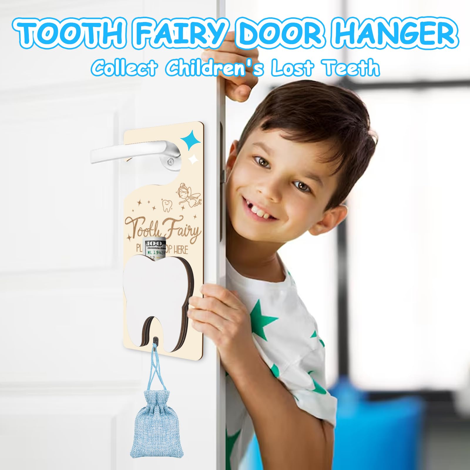 AINBIN Tooth Fairy Burlap Pouch blue securely holds the tooth
